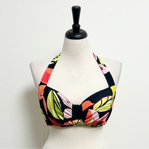 Sunsets Floral Sweetheart Underwire Halter Bikini Top NWT 34D Black Peach Green